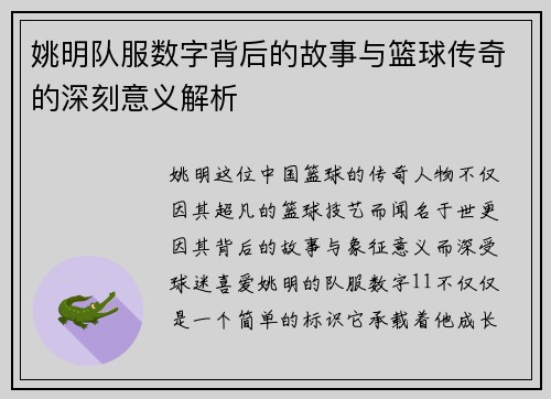 姚明队服数字背后的故事与篮球传奇的深刻意义解析